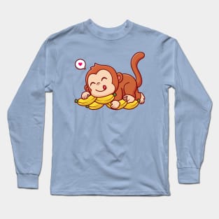 Cute Monkey Laying On Banana Cartoon Long Sleeve T-Shirt